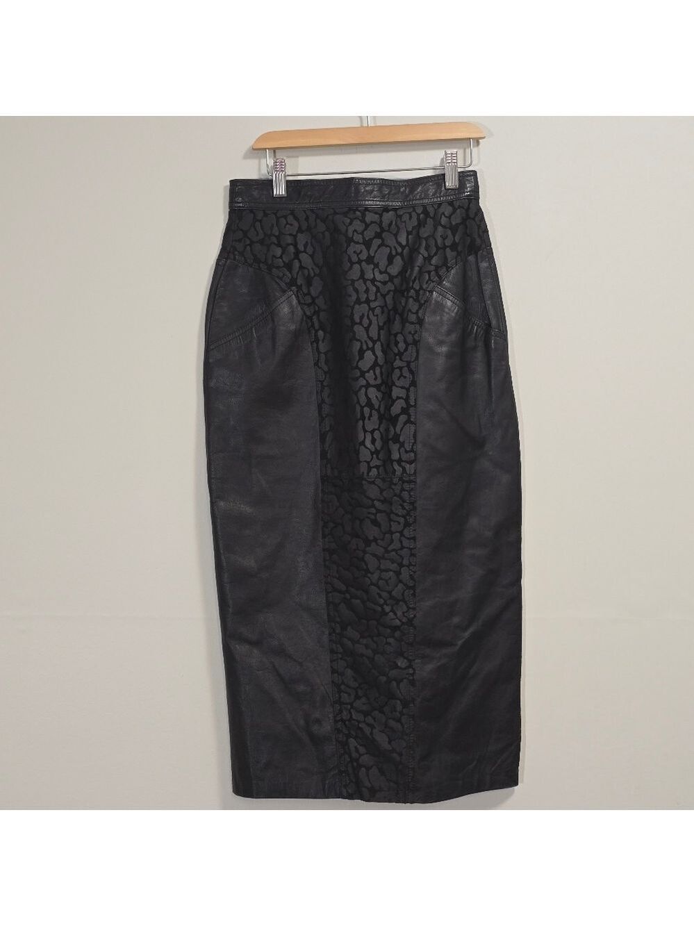 Vintage Genuine Leather With Leopard Print Pencil Skirt Color Black